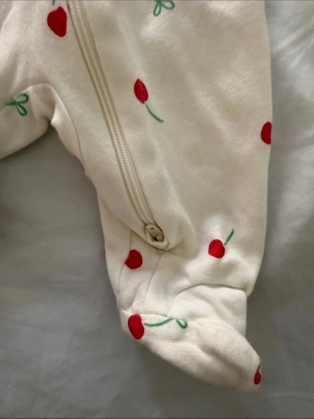 Cream Cherry-Print Baby One-Piece Zipper Footed Pajamas